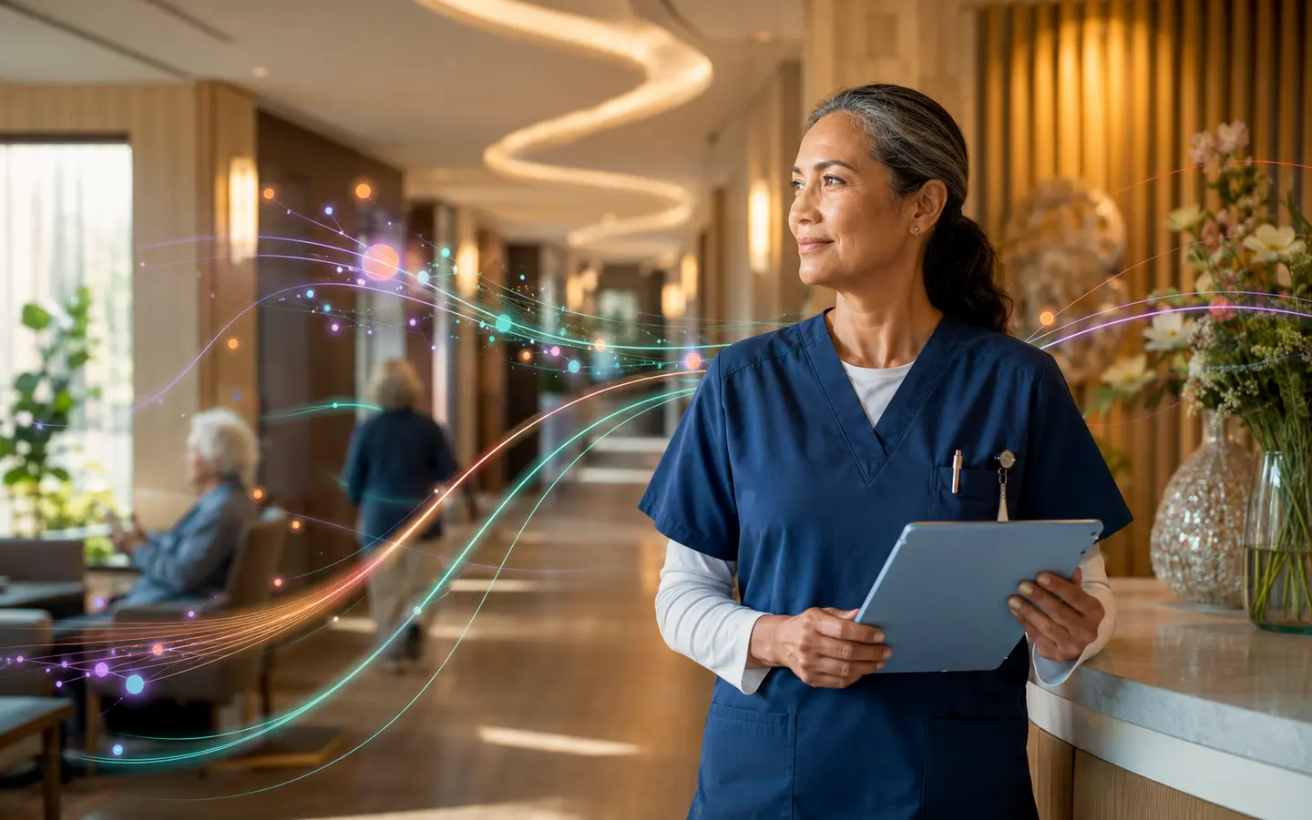 A senior-care clinician supported by AI intelligence